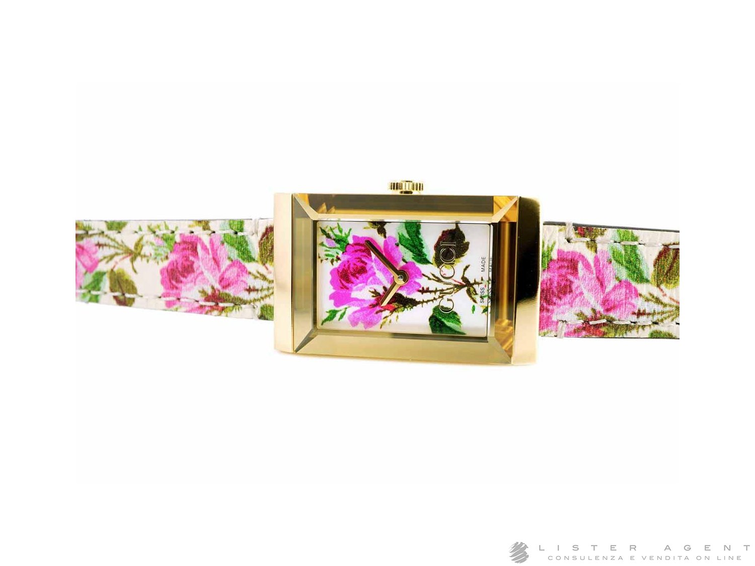 GUCCI Mod. 147MD G Frame Lady Quartz in yellow gold pated steel Mother of pearl Ref. YA147406. NEW