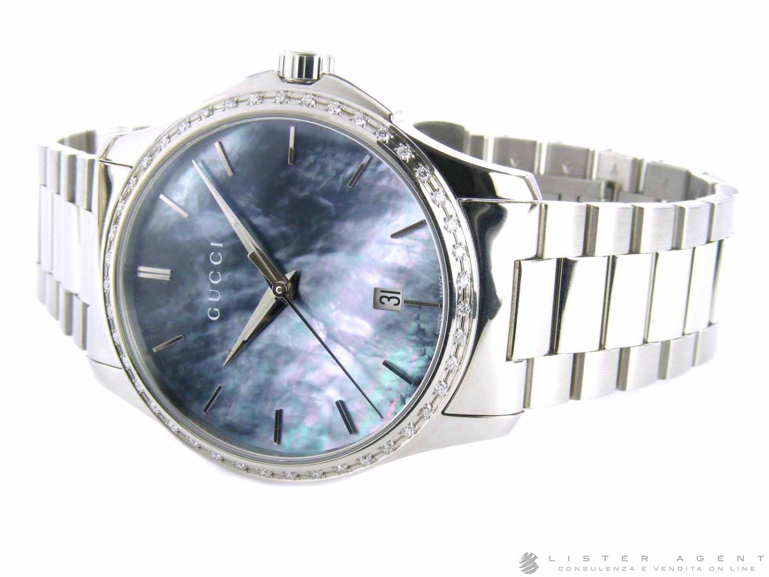 GUCCI G Timeless Mod. 126.4 in steel and diamonds blue Mother of pearl Ref. YA126458. NEW