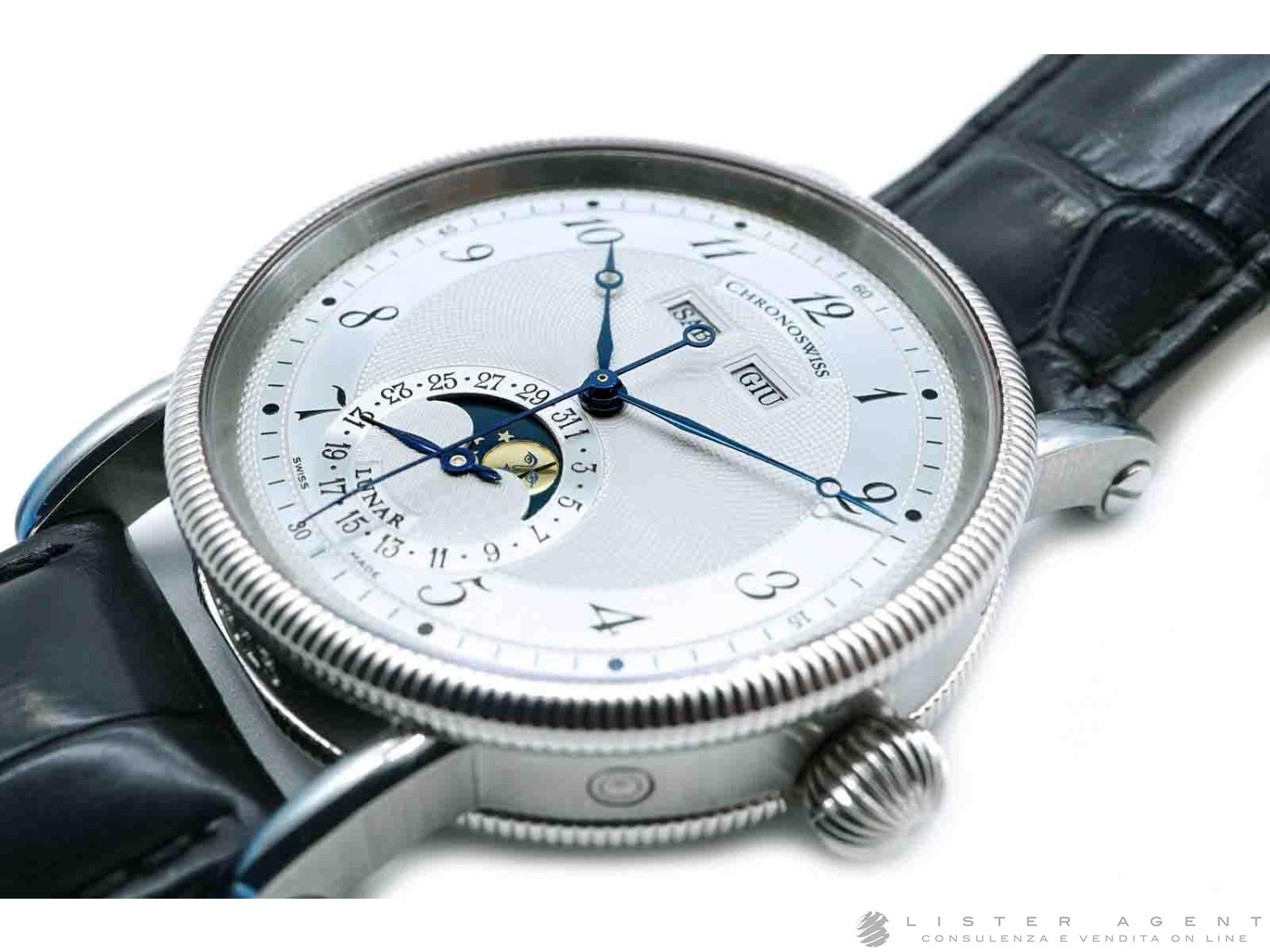 CHRONOSWISS Lunar Automatic with Moon Phases and Triple Date in steel  Argenté NEW!