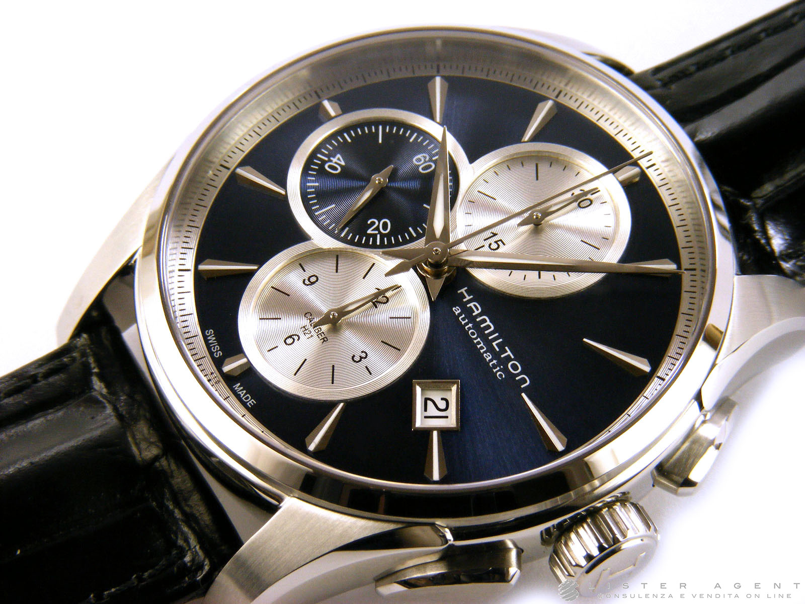 HAMILTON Jazzmaster Chronograph in steel Blue AUT Ref. H32596741. NEW Lister Agent
