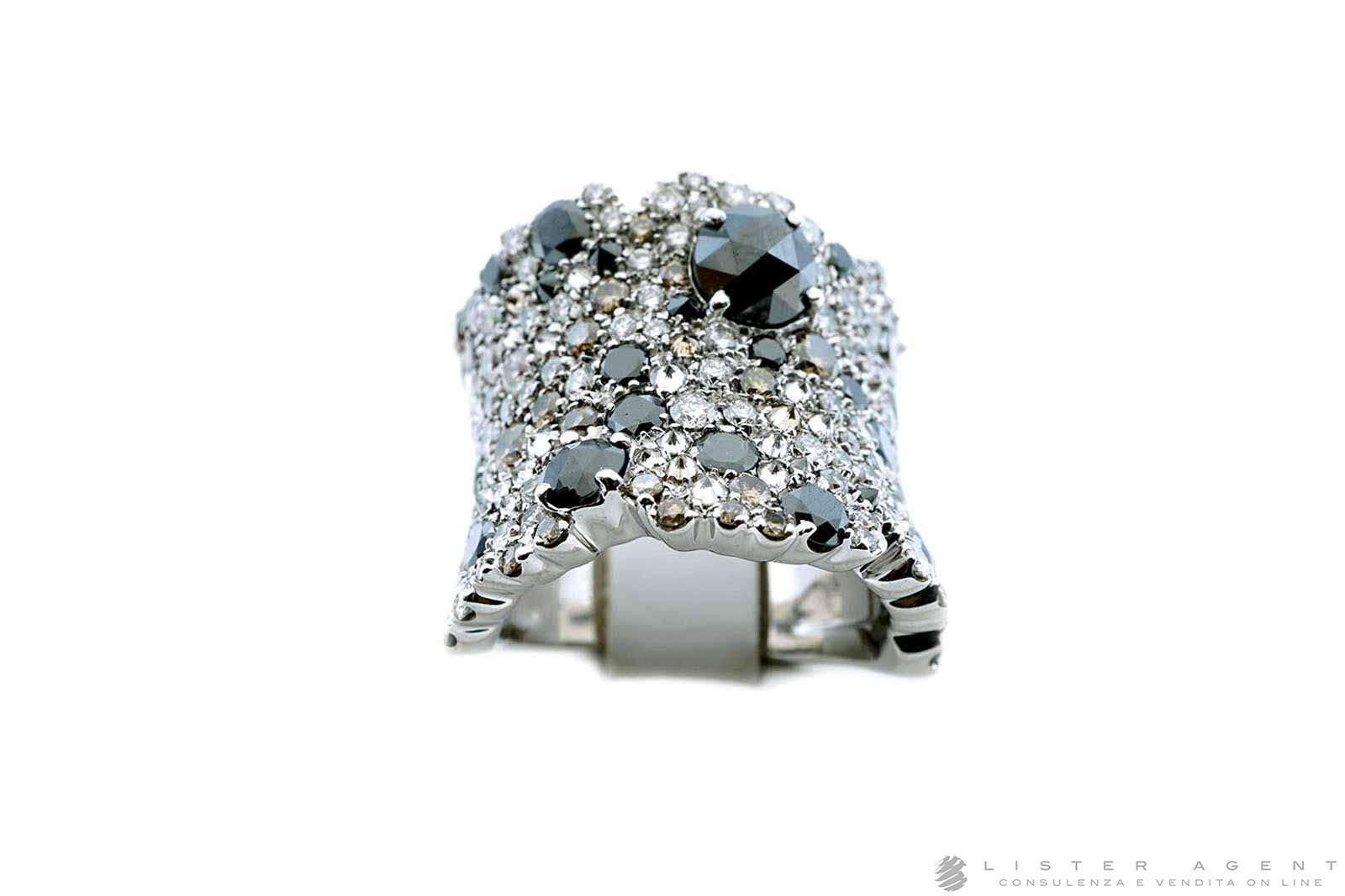 STEFAN HAFNER Moonrock ring in 18Kt white gold with white diamonds brown and black diamonds Size 14. NEW Lister Agent