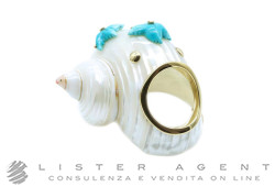 ANELLO Conchiglia con conglia naturale, oro giallo 18Kt, diamanti e turchese Mis.. NUOVO!