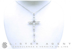 COLLANA Croce in oro bianco 18Kt con diamanti e perle mm 6.00. NUOVA!