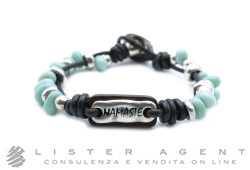 UNO DE 50 Namaste bracelet in 15 micron silver plated Zama alloy and colored crystals with brown leather Ref. PUL1702AZUMAR0M. NEW!