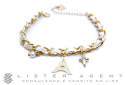 GLAM STYLE bracciale Torre Eiffel in metallo placcato oro giallo con pelle bianca e perla sintetica Ref. 252. NUOVO!
