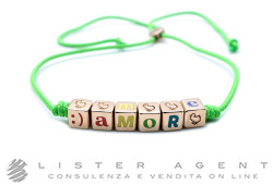 DODO by Pomellato bracciale Cordino e Cubetti in argento placcato oro rosa 9Kt e smalto con scritta AMORE e cordino verde Ref. DBC3004_LETAR_VFRAG. NUOVO!