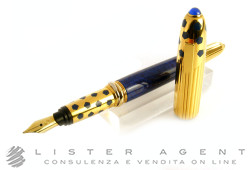 CARTIER fountain pen Panthère in yellow goldplated steel and blue enamel vertical Godron decoration Ref. ST140011. NEW! 