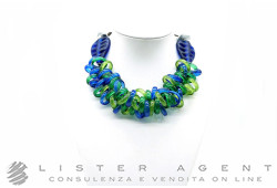 PAMURRINA collana in vetro di Murano Verde e Blu con tessuto. NUOVA!