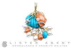 CIONDOLO in corallo e turchese naturale con perle coltivazione di acqua dolce, oro gialo e bianco 18Kt con diamanti ct 0.23 G IF. NUOVO!