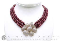 COLLANA in argento 925 placcato oro con fili di rodolite naturale e zaffiri beige. NUOVA!