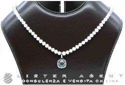 COLLANA di perle bianche naturali coltivazione acqua dolce MM 4.50 con chiusura in oro bianco 18Kt e centrale in oro bianco 18Kt con topazio azzurro e Swarovsky. NUOVA!