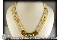 MANFREDI necklace California 18Kt goldpearls, light blue topaze, diamonds and blue sapphire. NEW!