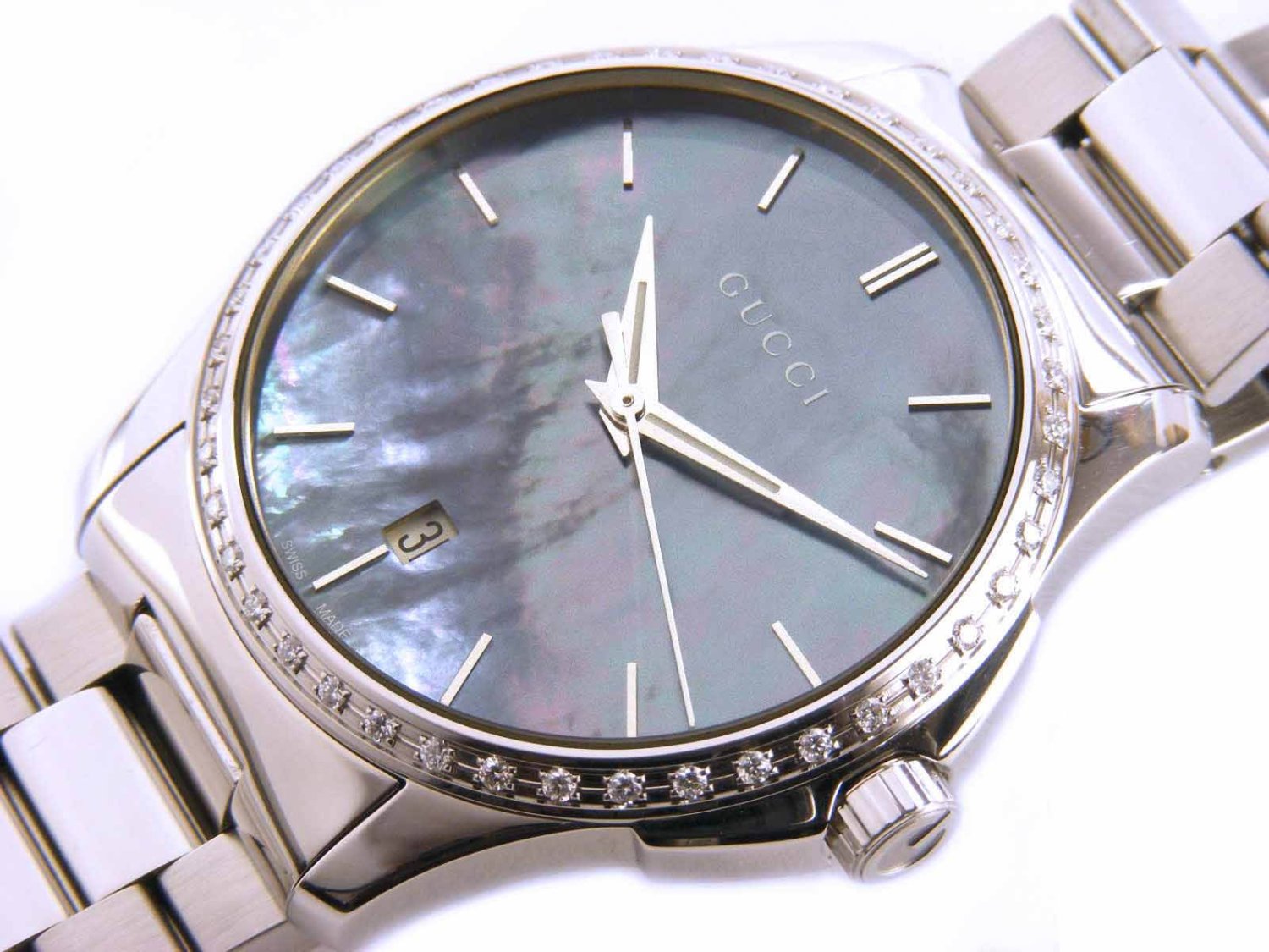 GUCCI G Timeless Mod. 126.4 in steel and diamonds blue Mother of