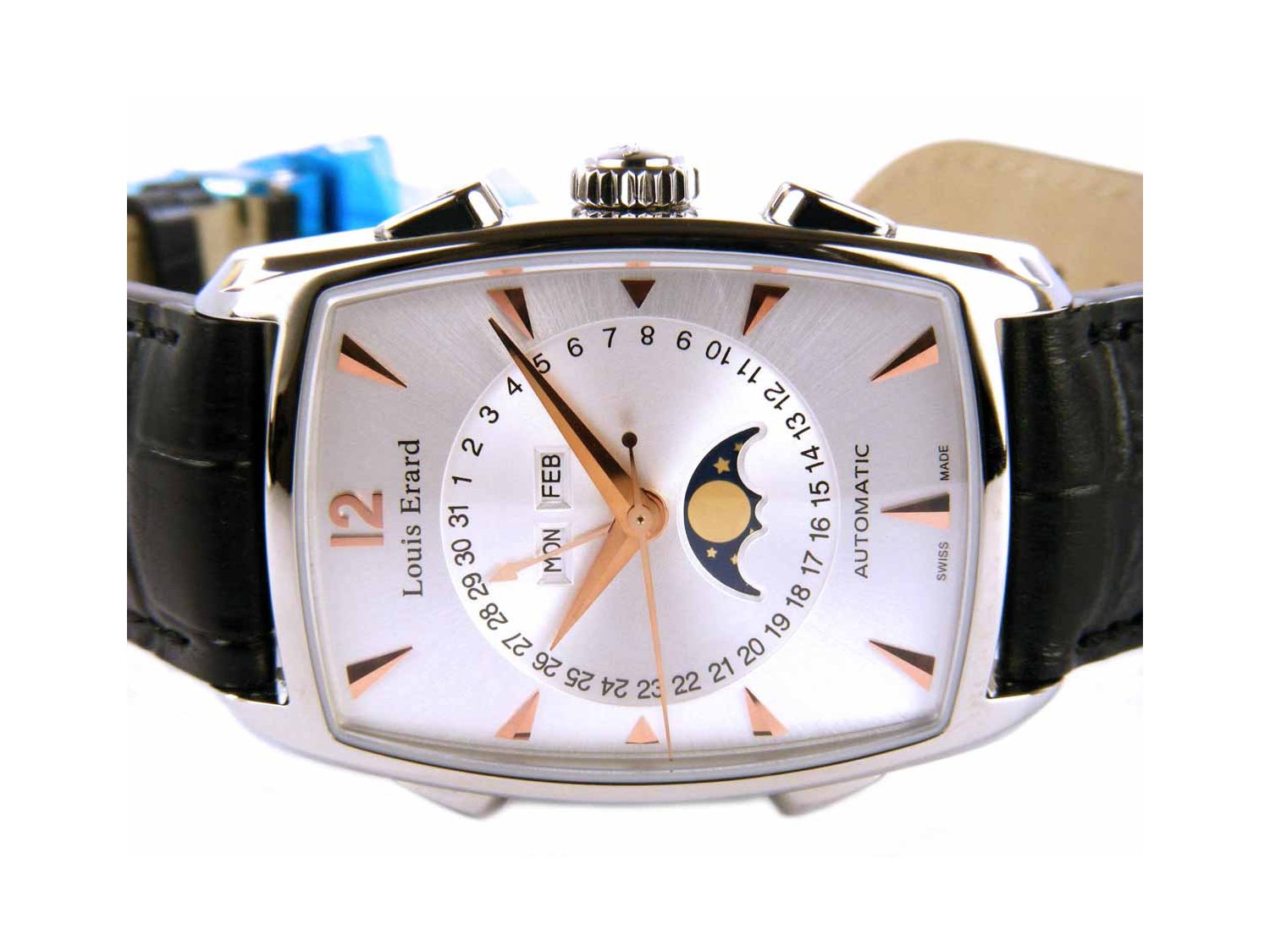 LOUIS ERARD Tonneau Complete calendar and Moon phases Automatic in steel Argente Ref. 44211AA01. NEW