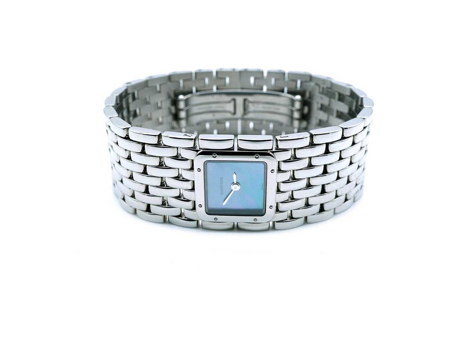 CARTIER Panthere Ruban Quartz in steel Blue mother of pearl Ref. 2420. NEW