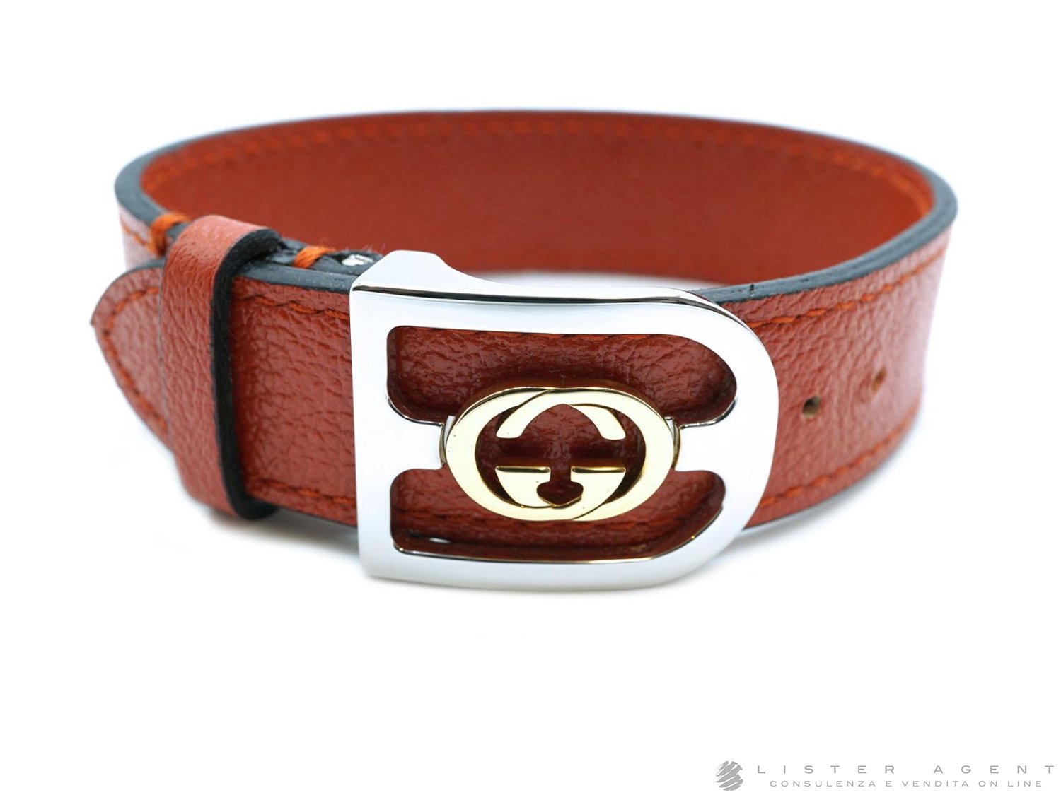 GUCCI bracelet interlocking G en cuir orange avec acier et or jaune 18Kt Ref. YBA572599004016. NEUF