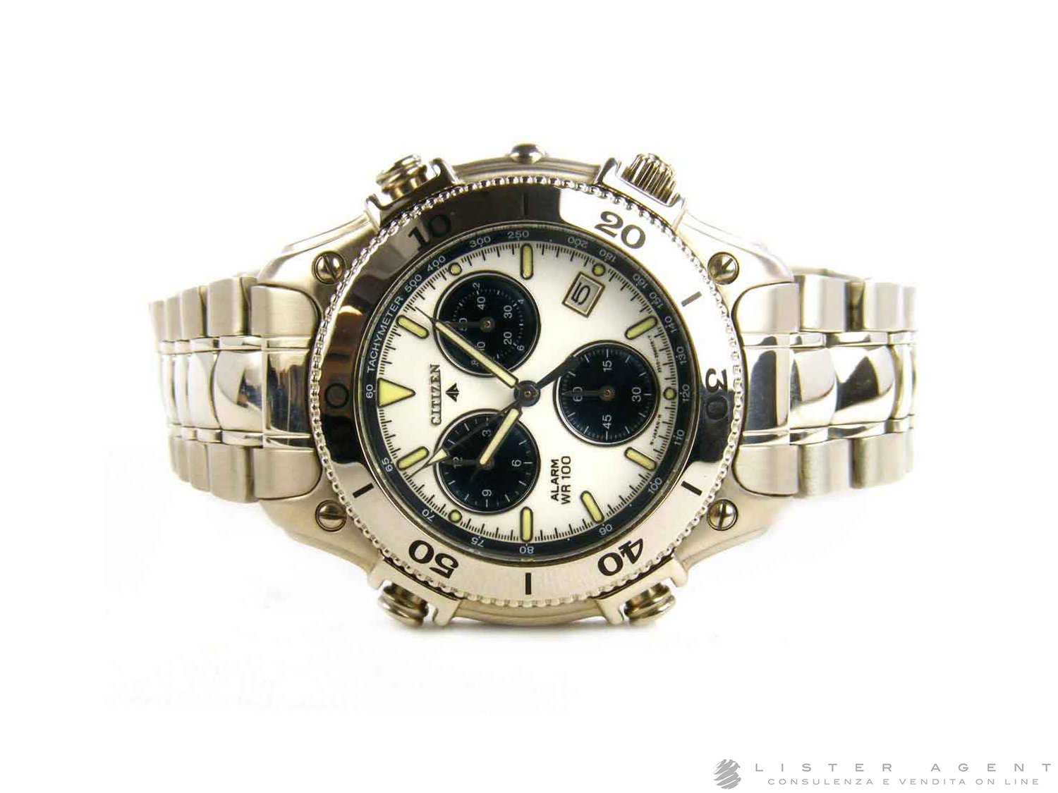 CITIZEN Chrono Alarm Promaster Takagi en acier blanc Ref. AB2110 52B. NEUF Lister Agent