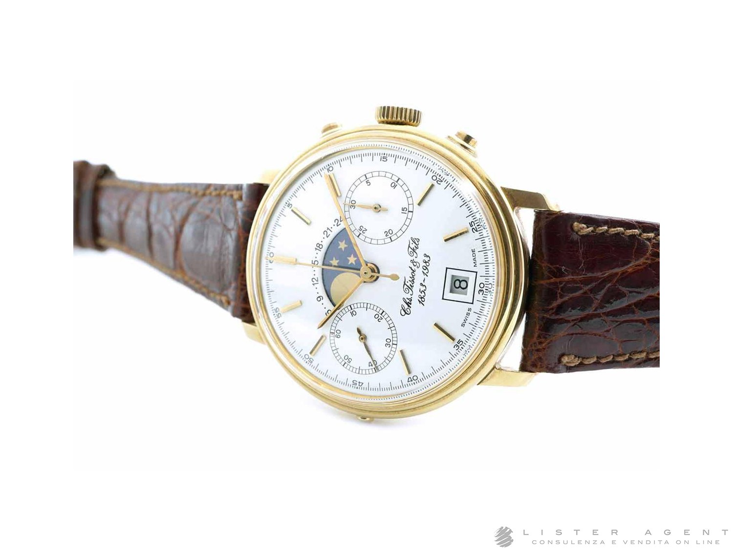 TISSOT FILS Chronographe et phases de lune en or 18Kt Blanc remontage manuel. NEUF
