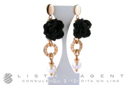 VANTO Rose boucles d'oreille en argent 925 plaqué or rosé avec résine noire et perles mm 10.50 Ref. OR1206AG. NOUVES!