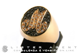 OROTREND bague rose lettre M en or rose 18Kt avec diamants blancs et noirs Taille 7 Ref. A1584BK. NEUF!