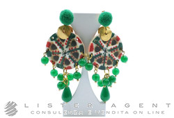 CONFUORTO boucles d'oreilles en bois peint et métal plaqué avec agate verte Ref. BO11849. NEUF!