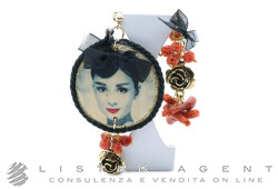 CONFUORTO boucles d'oreilles Audrey Hepburn en bois peint et métal plaqué avec pâte de corail Ref. BO165. NEUF!
