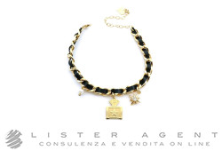 GLAM STYLE bracciale Star in metallo placcato oro giallo con pelle nera e perla sintetica Ref. 252. NUOVO!