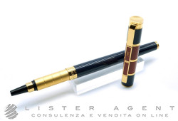 YVES SAINT LAURENT stylo roller en acier plaqué or laqué bleu et marron. NEUF!