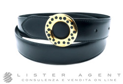 CARTIER ceinture Panthère en cuir noir avec boucle en acier plaqué or et émail noir Ref. L5000124. NEUF!