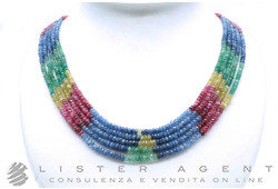 COLLANA multifilo di zaffiri blu e gialli, smeraldi e rubini con chiusura in oro giallo 18Kt. NUOVA!