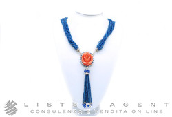 COLLANA in argento 925 placcato oro con agata blu naturale, centrale con rosa in pasta di corallo, perle e ciuffo amovibile in agata blu e lapislazzuli. NUOVA!