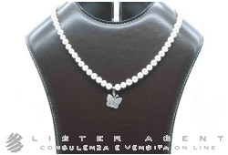 COLLANA perle di acqua dolce con chiusura in oro bianco 18Kt e ciondolo Farfalla in oro bianco 18Kt con swarovski. NUOVA