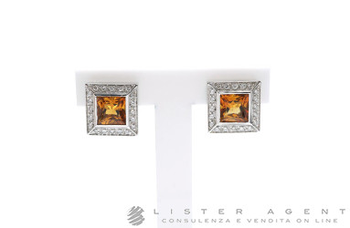 ORECCHINI Quadrati in oro bianco 18Kt con diamanti ct 0.39 e quarzi. NUOVI!