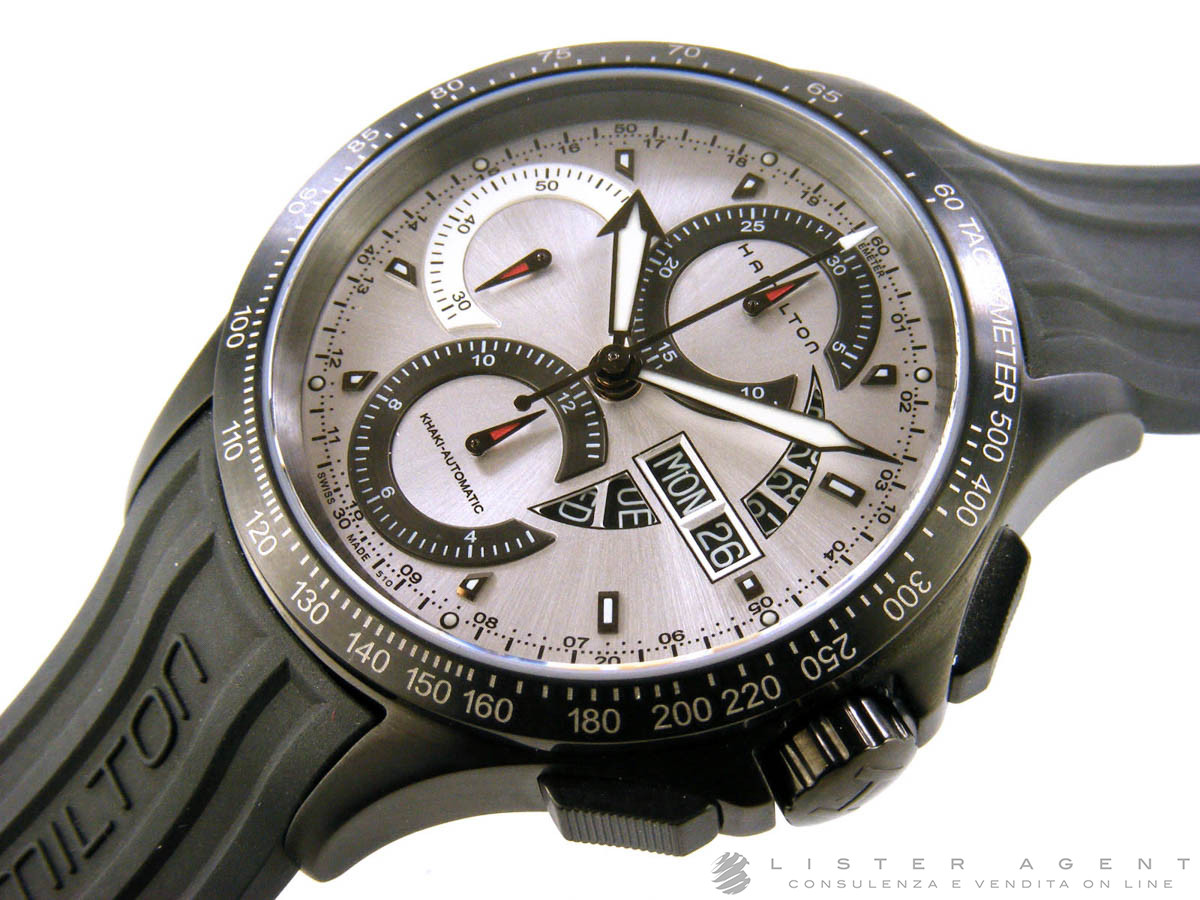 HAMILTON Khaki Field King Chrono Automatic in acciaio PVD Nero Argente AUT Ref. H64656351. NUOVO