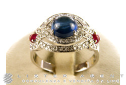 ANELLO in oro bianco 18Kt con diamanti ct 0,60, zaffiro ct 1.90 e rubini ct 0.30 Mis 16 Ref. OO78AR. NUOVO!