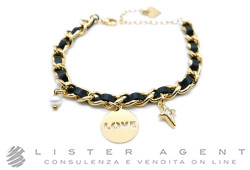 GLAM STYLE bracciale Love in metallo placcato oro giallo con pelle nera e perla sintetica Ref. 252. NUOVO!