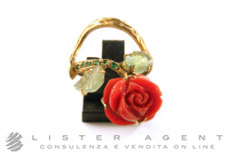 ANELLO Rosa in oro giallo 18Kt con corallo, smeraldi e pietre naturali Mis 15. NUOVO!