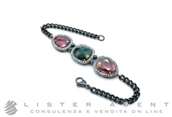 CLAUDIO PACIFICI bracciale Modello CP catena in acciaio PVD con oro bianco brunito 18Kt, diamanti e tormaline naturali. NUOVO!