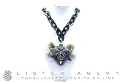 CLAUDIO PACIFICI collana Scultura con cuore in pelle di coccodrillo viola, in argento 925 e corno nero. NUOVA!