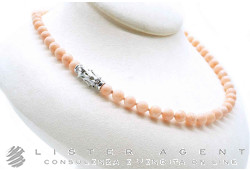 COLLANA in corallo rosa naturale mm 6.50-8.00 con chiusura a forma di ramo in oro bianco 18Kt e diamanti ct 0.20 G IF. NUOVA!