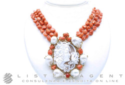 COLLANA linea Mediterraneo in corallo naturale taglio sasso con chiusura in argento 925 placcato oro giallo e cammeo naturale e perle scaramazze. NUOVA!