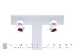 MIMI' orecchini Classic Akoya in oro bianco 18Kt con diamanti ct 0.10 G Vs, rubino ct 0.50 e perla Akoya mm 7.00-7.50 Ref. O25BCBKGRB. NUOVI!