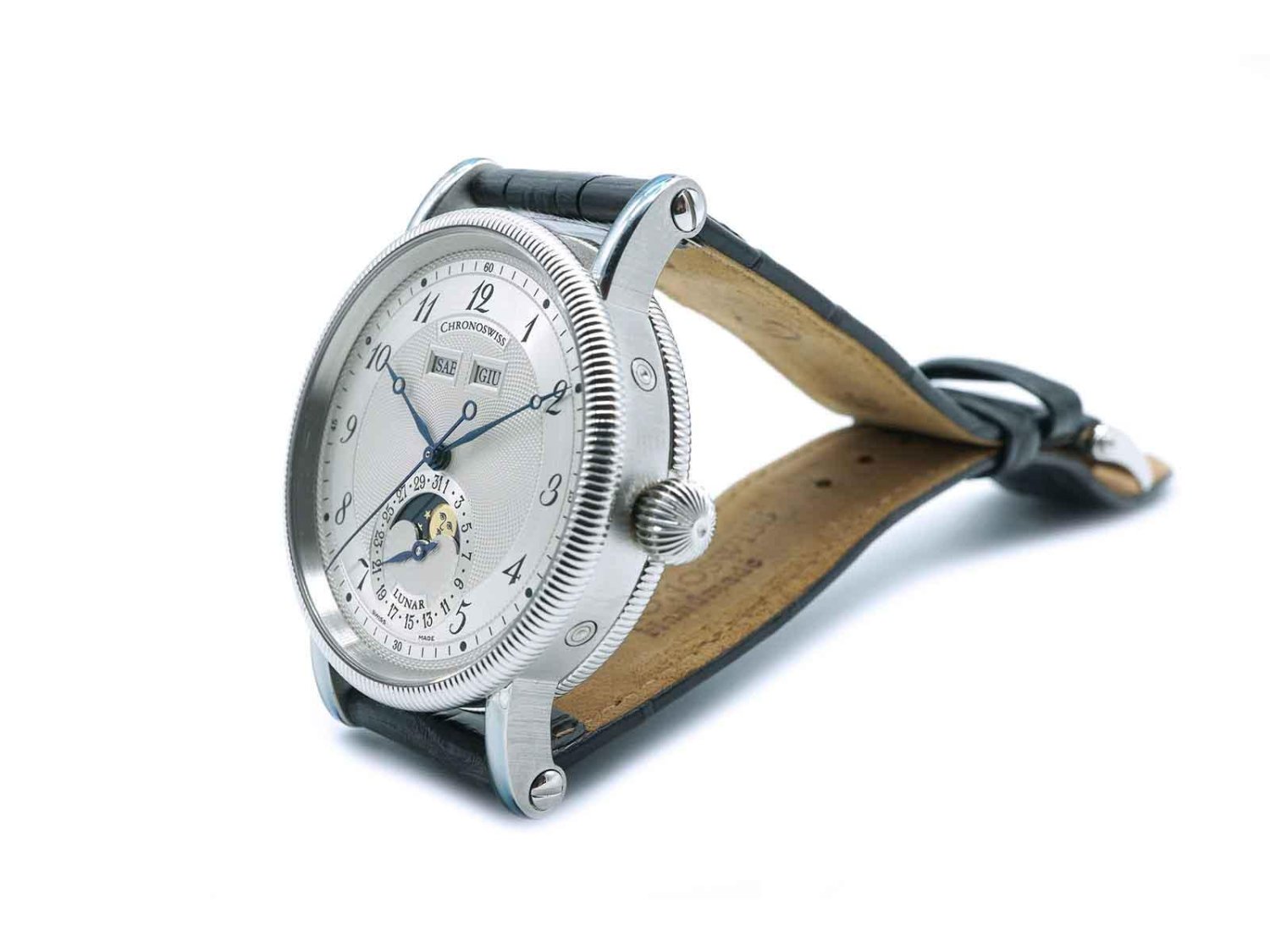 CHRONOSWISS Lunar Automatico con Fasi Luna e Triple Date in acciaio Argente Ref. CH9323. NUOVO